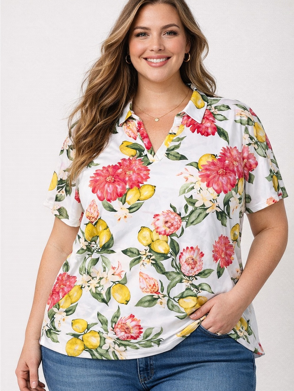 Women's Floral Lemon Button Down Shirt - White with Yellow & Pink